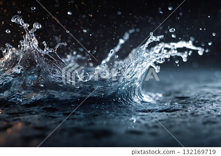 Crown of splashing water droplets creating a dynamic shape 132169719