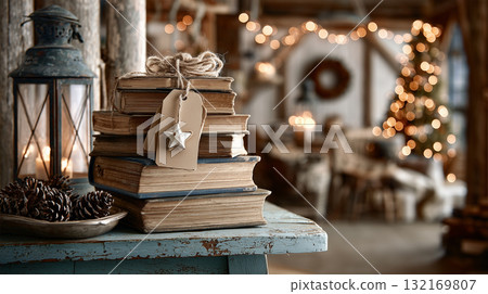 An interior scene combining handcrafted decorations and old books 132169807