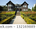 Red rose flower and Western-style building in old Furukawa garden 132169889