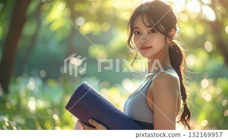Woman holding a yoga mat under greenery - AI-generated image 132169957