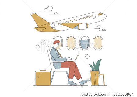 Businessman using laptop on airplane Businessman using laptop on airplane 132169964