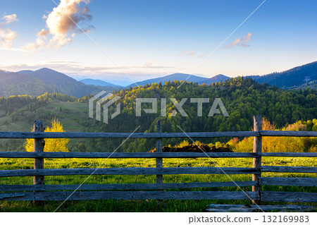 trees on the hill and fence on the grassy field. spring rural landscape of ukraine. distant mountain ridge beneath sky with clouds. idyllic transcarpathia farmland trees on the hill and fence on the grassy field. spring rural landscape of ukraine. distant mountain ridge beneath sky with clouds. idyllic transcarpathia farmland 132169983