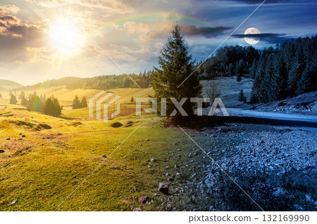 beautiful mountain landscape on autumn equinox. day and night time change concept. coniferous forest in natural park. rural valley with pastures on hills with sun and moon. amazing countryside beautiful mountain landscape on autumn equinox. day and night time change concept. coniferous forest in natural park. rural valley with pastures on hills with sun and moon. amazing countryside 132169990