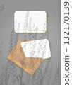 The shadow of field grass falls on an envelope with two sheets of textured white paper on a gray background. Mockup vertical orientation. 132170139