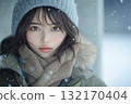 Close-up portrait of a young woman in a knitted hat and scarf 132170404