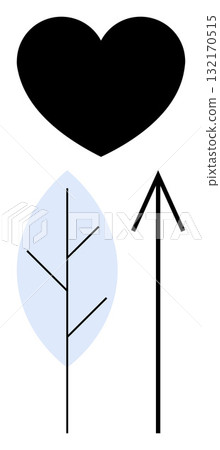 Black heart symbol above blue leaf with branches and simple arrow pointing up. Ideal for environment, love, growth, direction, nature, mindfulness, and guidance. Line metaphor Black heart symbol above blue leaf with branches and simple arrow pointing up. Ideal for environment, love, growth, direction, nature, mindfulness, and guidance. Line metaphor 132170515