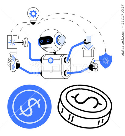 Robot performing diverse tasks, including DNA analysis, light bulb idea, package, fingerprint, coin, and dollar sign. Ideal for technology, robotics innovation finance automation science Robot performing diverse tasks, including DNA analysis, light bulb idea, package, fingerprint, coin, and dollar sign. Ideal for technology, robotics innovation finance automation science 132170517