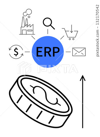 Central ERP in blue with icons factory magnifying glass shopping cart email dollar sign, coin, upward arrow. Ideal for business strategy, finance, supply chain, management, productivity, growth Central ERP in blue with icons factory magnifying glass shopping cart email dollar sign, coin, upward arrow. Ideal for business strategy, finance, supply chain, management, productivity, growth 132170542