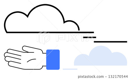 Hand extending towards black outlined cloud with blue-cuffed sleeve. Smaller blue cloud below. Ideal for creativity, ambition, success, goals, motivation, imagination perseverance. Line metaphor 132170544