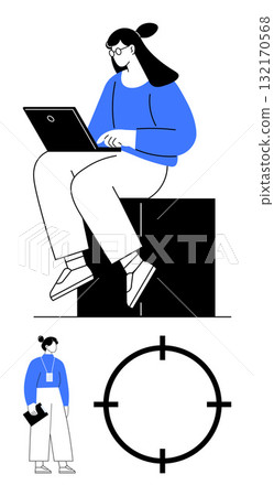Woman in blue shirt using laptop sitting on block, another woman standing with documents, target symbol. Ideal for remote work, business planning, teamwork, goal setting, professional growth, career 132170568