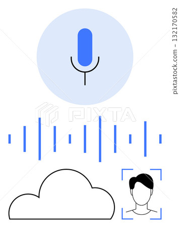 Microphone, soundwave, cloud, and user profile interconnected. Ideal for voice recognition, audio processing, cloud storage, security systems, AI development user identification and data analysis Microphone, soundwave, cloud, and user profile interconnected. Ideal for voice recognition, audio processing, cloud storage, security systems, AI development user identification and data analysis 132170582