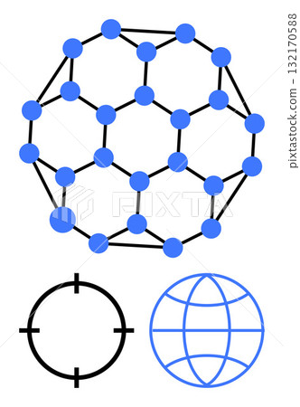 Three distinct blue and black geometric designs, featuring polygons, a target-thumbs up circle, and a globe. Ideal for science, technology, engineering, education, research connectivity global 132170588