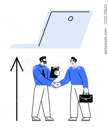 Business professionals shaking hands, one holding a clipboard and the other a briefcase. Giant laptop overhead symbolizes virtual collaboration. Ideal for business growth, partnership, teamwork Business professionals shaking hands, one holding a clipboard and the other a briefcase. Giant laptop overhead symbolizes virtual collaboration. Ideal for business growth, partnership, teamwork 132170622