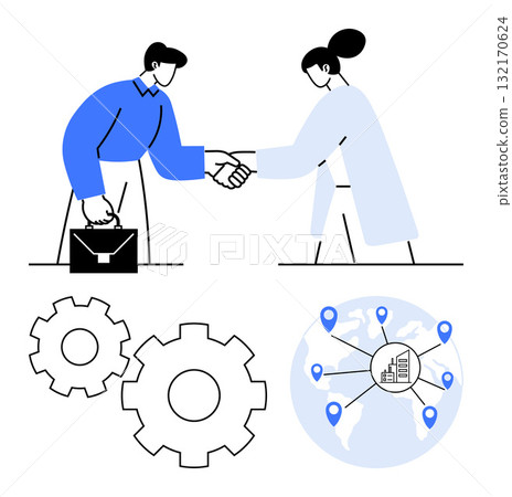 Two business professionals shaking hands, briefcase, gears, and global network with pinpoints. Ideal for business partnership, global collaboration, teamwork, networking, international business Two business professionals shaking hands, briefcase, gears, and global network with pinpoints. Ideal for business partnership, global collaboration, teamwork, networking, international business 132170624