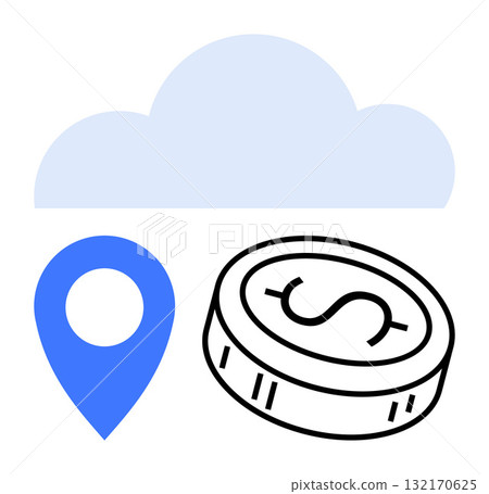 Cloud with a blue location pin and a coin with a dollar sign. Ideal for digital finance, technology services, online transactions, global connectivity, cloud storage, e-commerce, and fintech. Line 132170625