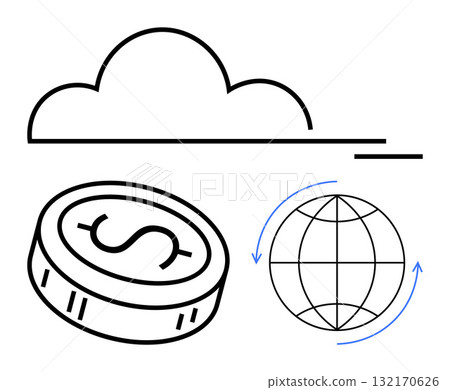 Cloud symbol with floating coin featuring dollar sign, and globe with rotation arrows. Ideal for cloud services, global connectivity, cryptocurrency, fintech, online transactions, digital economy 132170626
