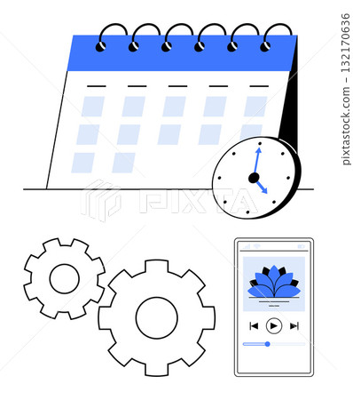 Calendar with a clock indicating time, two interlocking gears, and a mobile phone with media controls and a flower display. Ideal for scheduling, planning, productivity, workflow automation, mobile 132170636