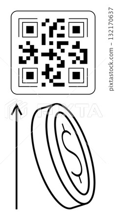 QR code coin with dollar symbol, upward arrow. Ideal for finance, digital payments, technology, mobile transactions, innovation, commerce. Line metaphor QR code coin with dollar symbol, upward arrow. Ideal for finance, digital payments, technology, mobile transactions, innovation, commerce. Line metaphor 132170637