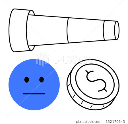 Business telescope, blue neutral face, and coin with dollar sign. Ideal for economics, finance, business strategy, investment, market analysis emotional balance risk management themes. Line 132170643