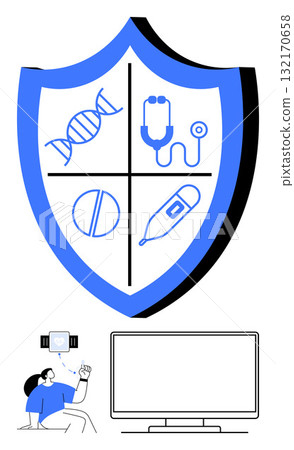 Shield with DNA, stethoscope, pill, and thermometer icons below, person interacts with telemedicine device and large monitor. Ideal for healthcare, medical security, telemedicine, digital health 132170658