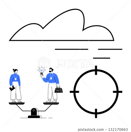 Team working together with balanced scales, exchanging ideas while standing on scales, cloud symbol, targeting sight. Ideal for business strategy, teamwork, innovation, balance, targeting 132170663