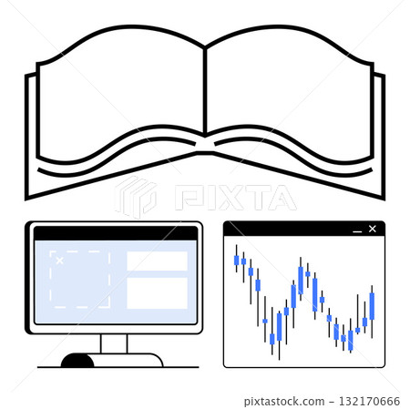 Open book, computer screen with application window, and analytics chart. Ideal for education, e-learning, financial analysis, data management, technology business strategy and research. Line 132170666