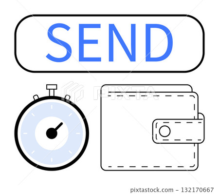 SEND button stopwatch stitched wallet. Ideal for finance, transactions, money management, time efficiency, digital services, online banking, budgeting. Line metaphor SEND button stopwatch stitched wallet. Ideal for finance, transactions, money management, time efficiency, digital services, online banking, budgeting. Line metaphor 132170667
