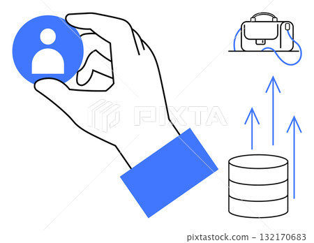 Hand holding user profile icon, briefcase, upward arrows, and data stack. Ideal for HR, recruitment, data analysis, business growth, career development, technology, digital transformation themes Hand holding user profile icon, briefcase, upward arrows, and data stack. Ideal for HR, recruitment, data analysis, business growth, career development, technology, digital transformation themes 132170683