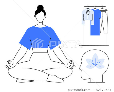 Woman meditating in lotus pose, wardrobe with clothes, human head with lotus flower. Ideal for mental health, wellness, yoga, mindfulness, relaxation lifestyle stress relief. Line metaphor 132170685