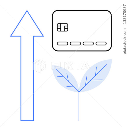 Credit card, upward arrow, and plant leaves signify financial growth, sustainable practices, and eco-friendly initiatives. Ideal for finance, banking, environment, investment green energy fintech 132170687