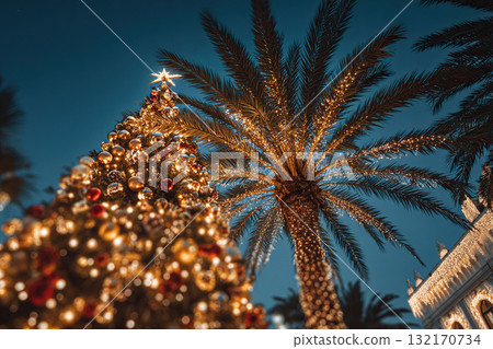 Bottom view of a Christmas tree next to a palm tree. Christmas tours. 132170734