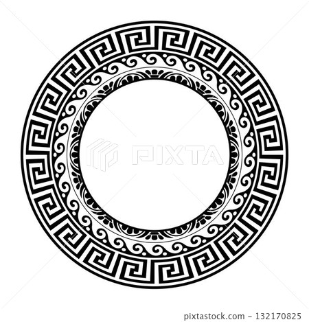 Round porcelain plate with arabesque, floral and key meander. Black and white ornamental border. Greek key meander. Pattern of Greece, ancient Rome. For textile, embroidery, porcelain Round porcelain plate with arabesque, floral and key meander. Black and white ornamental border. Greek key meander. Pattern of Greece, ancient Rome. For textile, embroidery, porcelain 132170825