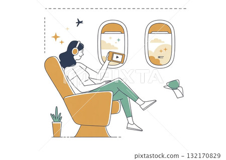 Woman relaxing on an airplane reading a book 132170829