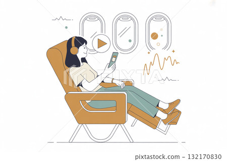 Woman relaxing on an airplane reading a book 132170830