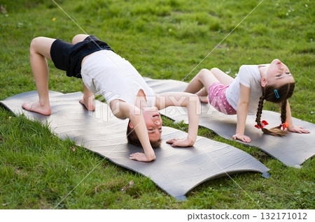 Brother and sister doing yoga outdoors on mats. Healthy active lifestyle. 132171012