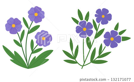 SEO Title: Simple Purple Flower Illustration Set Vector. Flat Design Floral Elements with Leaves. 132171077