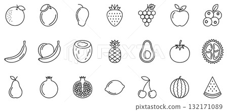 SEO Title: Fruit Outline Icon Collection Vector. Simple Healthy Food Line Art Set. 132171089