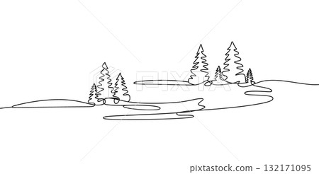 SEO Title: Forest Landscape Continuous Line Drawing Vector. Minimalist Nature Scene with Pine Trees. SEO Title: Forest Landscape Continuous Line Drawing Vector. Minimalist Nature Scene with Pine Trees. 132171095