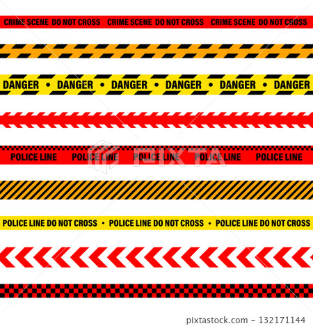 Barricade construction tape. Colorful police warning line, brightly colored danger or hazard stripe, ribbon. Restricted area, zone. Attention symbol. Vector illustration 132171144