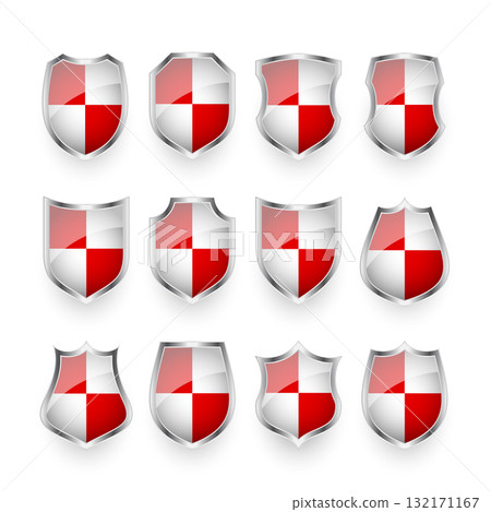 Glossy shields with red and black white. Security and protection concept. Cyber safety icons, internet privacy, web defense, digital data protection and antivirus themes. Vector illustration Glossy shields with red and black white. Security and protection concept. Cyber safety icons, internet privacy, web defense, digital data protection and antivirus themes. Vector illustration 132171167