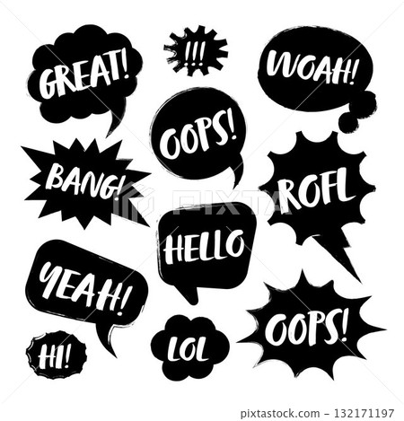 Grunge comic speech bubbles with handwritten text, brush strokes, ink smudges, acrylic stains or charcoal streaks. Hand drawn retro cartoon stickers. Chatting, message box. Vector illustration 132171197