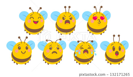 Vector set of bee emoji in cute kawaii flat design style. Vector bee in flat style. Different moods. 132171265