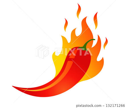 Hot red chilli pepper with fire. Vector emblem jalapeno or chilli pepper for Thai or Mexican food. Hot red chilli pepper with fire. Vector emblem jalapeno or chilli pepper for Thai or Mexican food. 132171266
