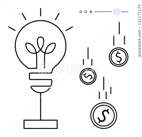 Lightbulb with plant growing inside, emitting light rays, and three dollar signs as falling coins. Ideal for finance, investment, growth, innovation, economy business solutions startup themes. Line Lightbulb with plant growing inside, emitting light rays, and three dollar signs as falling coins. Ideal for finance, investment, growth, innovation, economy business solutions startup themes. Line 132171273