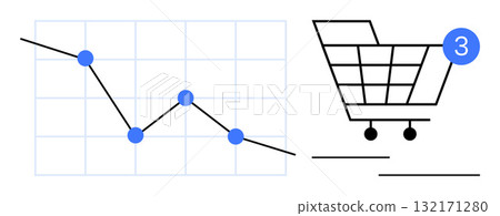 Shopping cart with notification bubble indicating 3 items. Line chart with blue data points marking trends. Ideal for business analytics, e-commerce, sales growth, marketing strategies, consumer 132171280