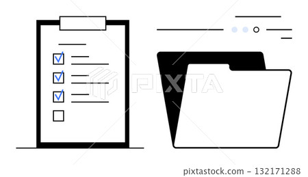 Checklist with completed tasks displayed on clipboard next to an open file folder. Ideal for productivity, organization, task management, office work, project planning, documentation, administrative 132171288