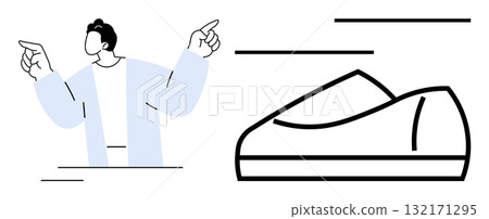 Accompanied by hand gestures, a person appears to be discussing next to an abstract outline of a shoe. Ideal for fashion presentations, retail concepts, communication, instructions, design reviews 132171295