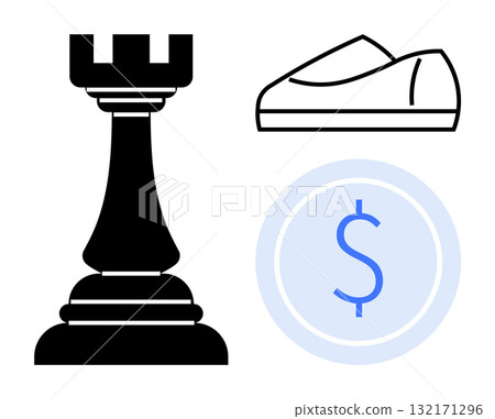 Chess rook, coin with dollar symbol, and formal shoe. Ideal for strategy, finance, business, leadership, wealth management, professional growth, career development themes. Line metaphor 132171296