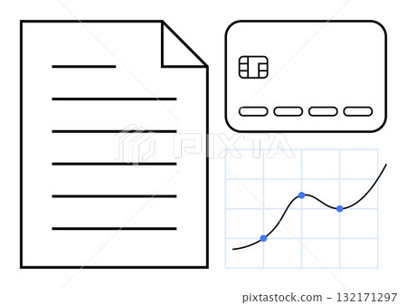 Financial document with horizontal lines, credit card with chip and abstract line graph with blue data points. Ideal for finance, business planning, data analysis, credit management, financial Financial document with horizontal lines, credit card with chip and abstract line graph with blue data points. Ideal for finance, business planning, data analysis, credit management, financial 132171297