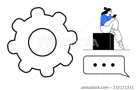 Woman reading on tablet while sitting on block, large gear on left, speech bubble with three dots below. Ideal for technology, communication, innovation, settings, user interface design, mobile apps Woman reading on tablet while sitting on block, large gear on left, speech bubble with three dots below. Ideal for technology, communication, innovation, settings, user interface design, mobile apps 132171331